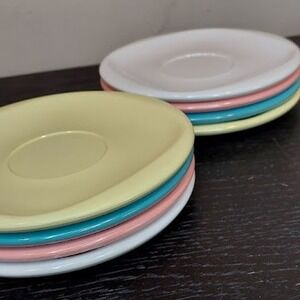 Vintage Boontonware 1202-6 Melamine Saucers Mixed Pastels Set of 8 MCM USA